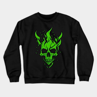 Abstract Minimalist Cool Symbol: Green Flaming Skull Crewneck Sweatshirt